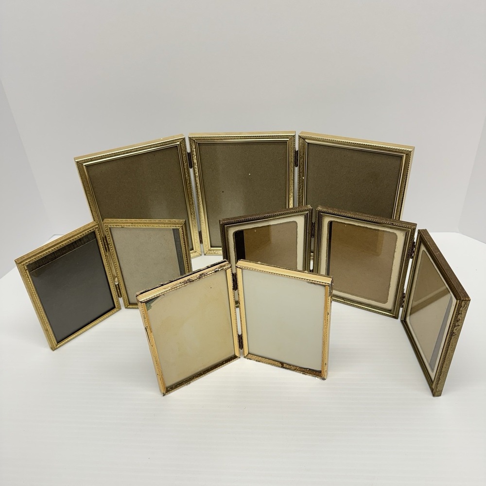 Lot of 4 VTG MCM Bifold Picture Frame Set 5x7 Brass Gold Tone Hinged Double